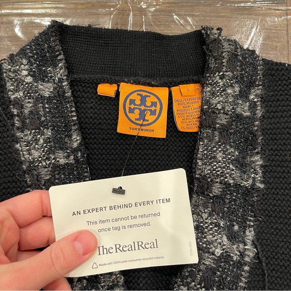 Tory Burch Black Cardigan Sweater with V-neck and Floral Trim - Picture 2 of 14